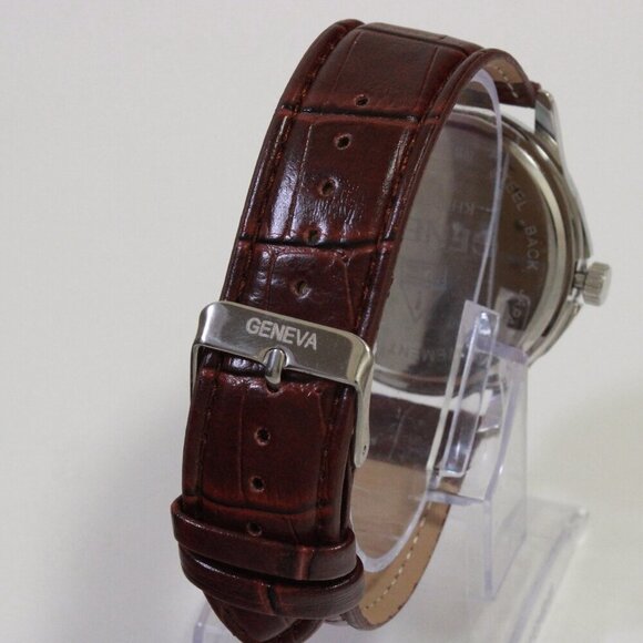 Geneva Men's Dress Watch Silver Tone Navy Blue Dial Brown Strap 42mm - Picture 11 of 13